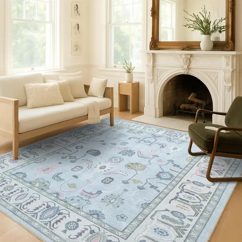 Miniatura 40 de Fame Living Alfombra Oushak Crema Azul, Alfombras Pequeñas Modernas, Vintage, Turca, Ecléctica, Floral, Pastel, Lavable, Tapete para Puerta, Felpudo