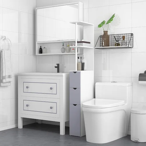 Miniatura 2 de HOMCOM Armario de almacenamiento de baño de 54 pulgadas de alto, torre de lino independiente con estante de 2 niveles y cajones, organizador de piso