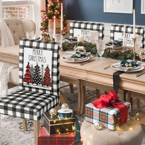 Miniatura 2 de Horaldaily 4 fundas para sillas de comedor de Navidad, diseño de árboles de búfalo negro, elástico, extraíble, lavable, protector de silla