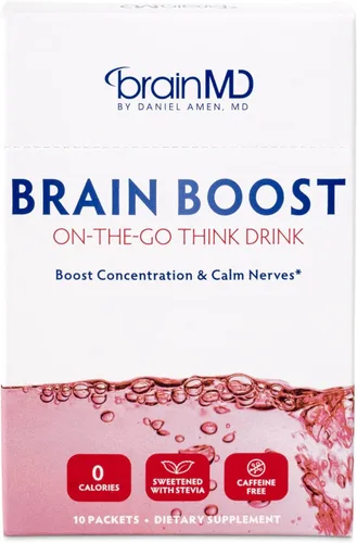BRAINMD Dr Amen Brain Boost On The Go - 10 paquetes, sabor a bayas, polvo de bebida nootrópica, promueve la concentración, la claridad y la energía