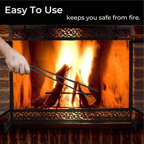 Miniatura 6 de Pantalla de chimenea de metal de 39 x 31 pulgadas, protector de chispas de dos puertas, diseño decorativo de desplazamiento adecuado para estufa