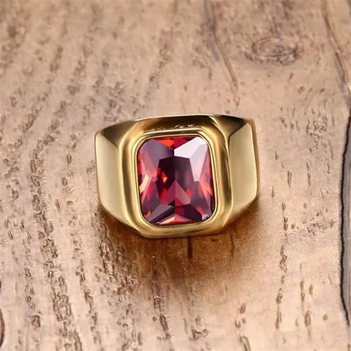 Miniatura 3 de PMTIER - Anillo de acero inoxidable chapado en oro con piedra cuadrada disponible en varios