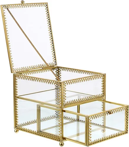 Hipiwe Joyero de cristal vintage organizador geométrico dorado con cajón vitrina decorativa de joyería para pulseras de almacenamiento collar y