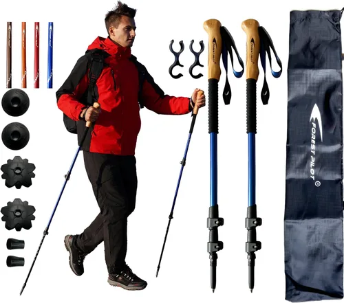 FOREST PILOT Bastones de trekking – Aluminio ligero 7075 con cerradura abatible y accesorios todo terreno – Par de 2 bastones para senderismo con