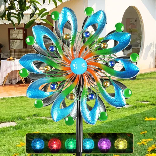 Miniatura 8 de MLKNK Molinillos de viento para patio y jardín, esculturas de viento y molinillos de 75 pulgadas, arte cinético de jardín con luz de bola de vidrio