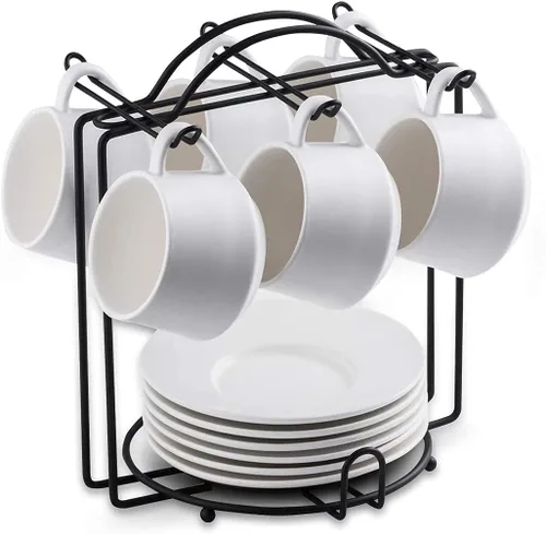 Tazas de café expreso con platillos y soporte de metal, juego de 6 tazas de capuchino de 4 onzas, taza de té para fiesta de té, color blanco