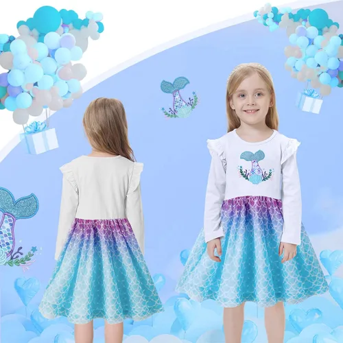 Miniatura 7 de VASCHY Vestido para niñas, lindo atuendo casual de otoño y primavera de manga larga, para niñas pequeñasgrandes, talla 3-10T