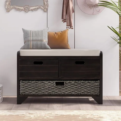 Miniatura 3 de Banco de almacenamiento, banco de entrada con cesta extraíble y 2 cajones, banco de zapatos con cojín extraíble para pasillo, entrada, sala