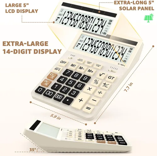 Miniatura 2 de Calculadoras de escritorio, calculadora de gran tamaño de 14 dígitos con actualización 2026, pantalla LCD de 5 pulgadas y energía solar, calculadora