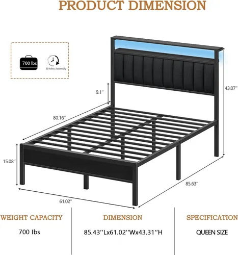 Miniatura 2 de Furnulem - Base de cama tamaño Queen con estación de carga y luces LED, cama de plataforma con listones de metal, cabecera tapizada gris con Roble
