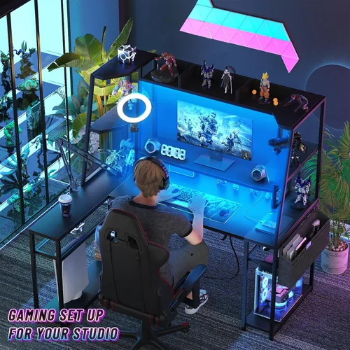 Miniatura 4 de armocity Escritorio para juegos en forma de L con gabinete y estantes, tiras de alimentación de luces LED de computadora de 47 pulgadas