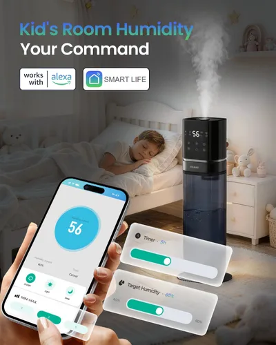 Miniatura 3 de Humidificador inteligente para habitación grande, humidificadores de 2.1 galón/8 litros para dormitorio con tubo extendido y luz nocturna, Azul