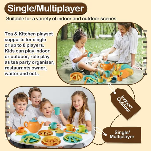 Miniatura 4 de BUYGER Accesorios de cocina para niños y juego de té para niños pequeños de 3 a 5 años, platos de juguete de cocina, utensilios, juego de vajilla