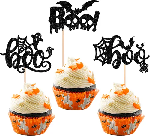 Miniatura 14 de Rsstarxi Paquete de 36 adornos para cupcakes de Halloween, murciélagos con purpurina, palitos de calabaza y calabazas, sombrero de bruja