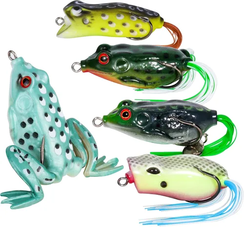 Miniatura 8 de RUNCL Topwater - Señuelos de rana – 5 piezas de cebos de silicona duraderos y realistas para agua dulce y salada, señuelos flotantes realistas