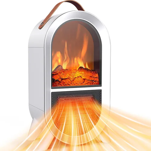 Miniatura 9 de Riseon - Calentador de chimenea eléctrico portátil, 1500W/750W, mini calentador de espacio para uso en interiores con llama 3D, termostato, asa