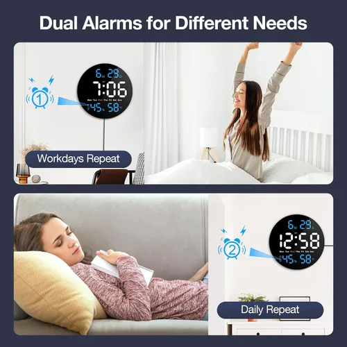 Miniatura 9 de Reloj de pared digital eléctrico de 10 pulgadas con pantalla LED grande Auto/10-Level Brightness, Temperature, Humidity, Auto DST, Date and Day