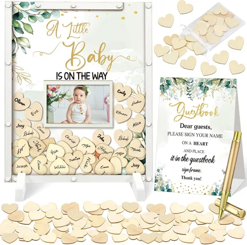 Miniatura 22 de Beeveer 65 piezas de libro de invitados para baby shower, libro de invitados azul para baby shower, libro de invitados con marco de fotos y 60 chips