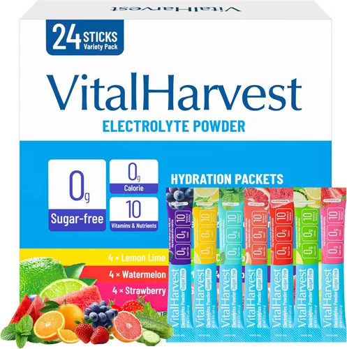 24 paquetes de electrolitos en polvo, 7 sabores sin azúcar, paquetes de hidratación líquida diaria IV, baja en sodio, lima limón, sandía, fresa,