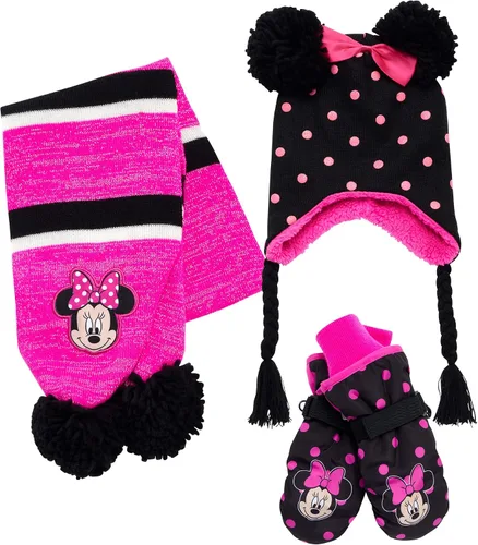 Disney Juego de guantes de nieve aislados para niñas Minnie Mouse o Frozen Winter Hat bufanda y manoplas o guantes niño pequeño