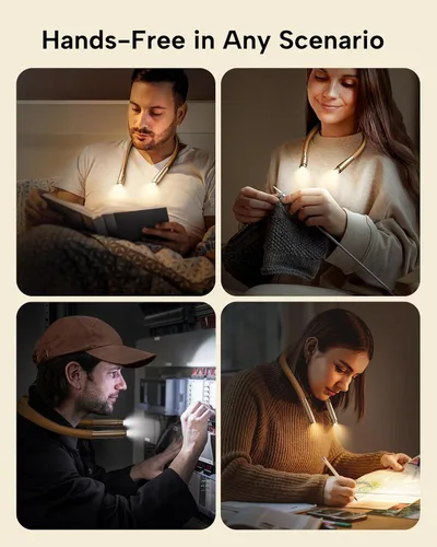 Miniatura 4 de Luz LED de lectura para cuello, luz de libro para leer en la cama, 3 colores, 9 niveles de brillo, diseño ligero y cómodo, de larga duración