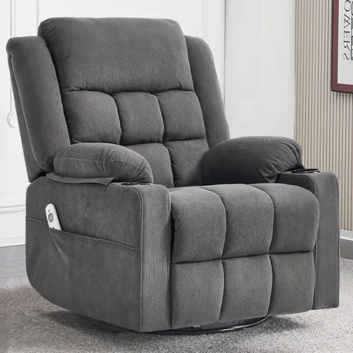 Ketaiyou Silla reclinable giratoria para adultos con masaje y calor, portavasos y bolsillos laterales, sillón reclinable para sala de estar (gris DK)