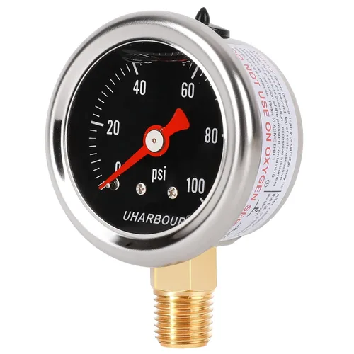 Miniatura 14 de Manómetro lleno de glicerina con caja de acero inoxidable 304, esfera negra de 1-1/2 pulgadas, 0-60 Psi, alta precisión, montaje trasero central NPT