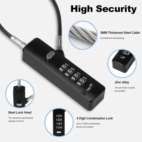 Miniatura 3 de Candado de cable de combinación de 4 dígitos, 3 cuerdas de acero trenzadas intercambiables (9"/23.6"/47.2"), cerradura de alambre antirrobo