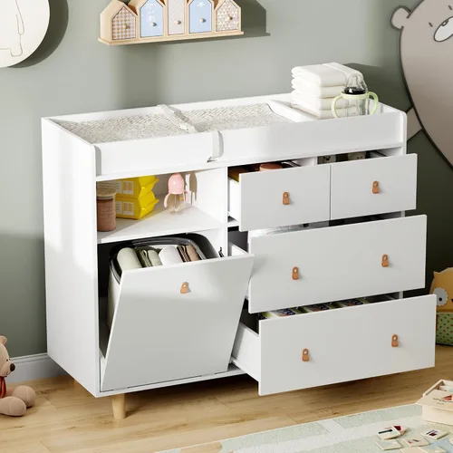 Miniatura 8 de Cambiador de bebé con 5 cajones, cómoda para cuarto de bebé con cesta de lavandería inclinable, organizador de cambiador infantil para guardería