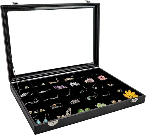 Wudygirl Bandeja organizadora de joyas con tapa transparente de 30 rejillas, apilable, caja de almacenamiento de joyas, anillos, aretes, collares,