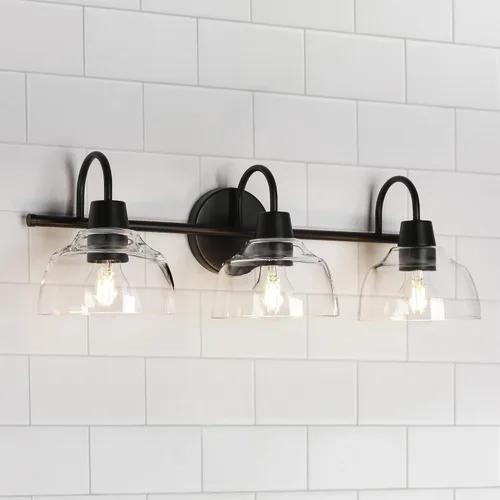 Miniatura 2 de KSANA Lámpara de baño negra, lámpara de tocador de 3 luces con pantalla de cristal transparente de gran apertura, moderna lámpara de pared de granja