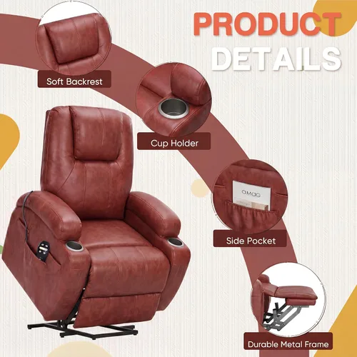 Miniatura 5 de Furmax Silla reclinable eléctrica con masaje para personas mayores, tela de pana, sillón reclinable individual con portavasos, bolsillos laterales