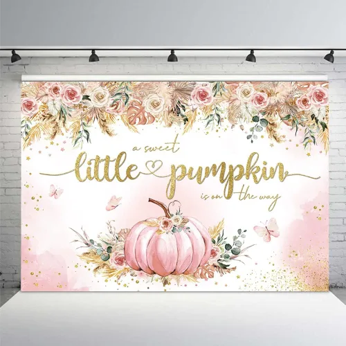 MEHOFOND Telón de fondo bohemio de calabaza de otoño de 7 x 5 pies para niñas, diseño floral rosa con texto en inglés "A Sweet Little Pumpkin Is On