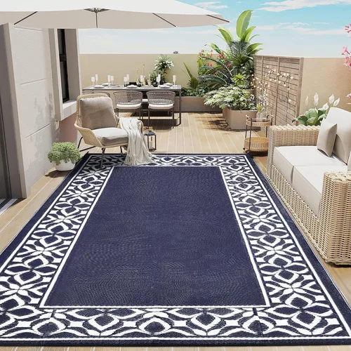 Miniatura 27 de PureCozy Alfombra de paja de plástico para exteriores, color negro, beige, grande, impermeable, para patio, 5 x 8 pulgadas, geométrica, reversible