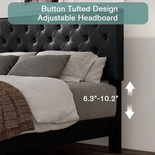 Miniatura 5 de IMUsee Base de cama tapizada de piel sintética tamaño Queen con cabecera capitoné con botón ajustable, listones de madera y soporte de rieles