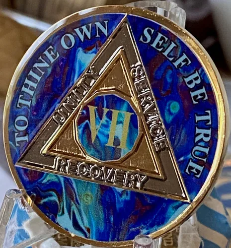Miniatura 3 de Chip de sobriedad de triple placa de medallón AA de 7 años de espiral azul zafiro, Latón, Sin gemas.