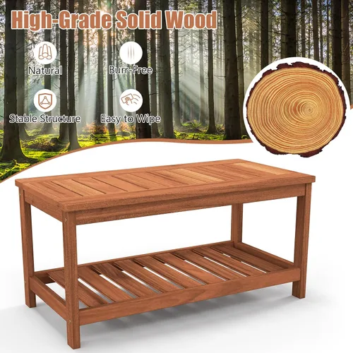 Miniatura 8 de Tangkula Mesa de centro de madera para exteriores, mesa de centro de patio de 2 niveles con mesa de madera dura de listones y estante