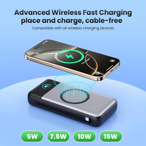 Miniatura 3 de Cargador portátil inalámbrico de 40,800 mAh con cables integrados, carga inalámbrica de 15 W, 25 W, PD QC4.0, cargador de batería externa USB-C