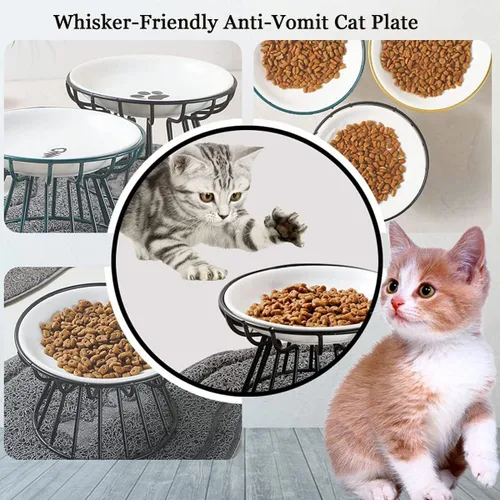 Miniatura 4 de Plato de cerámica para gatos antivómitos apto para bigotes 2023, cuenco elevado de cerámica para gatos con soporte de metal, plato de cerámica poco
