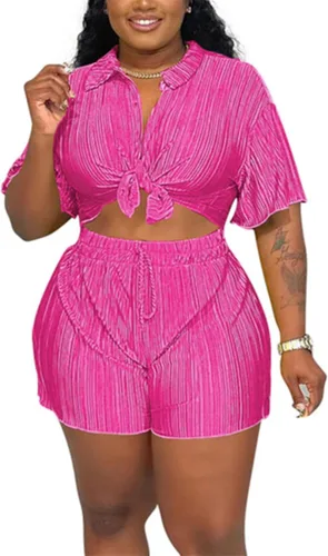 Miniatura 2 de Conjunto de 2 piezas para mujer, casual, plisado, manga corta, con botones, con cordón, pantalones cortos de pierna ancha, ropa de calle