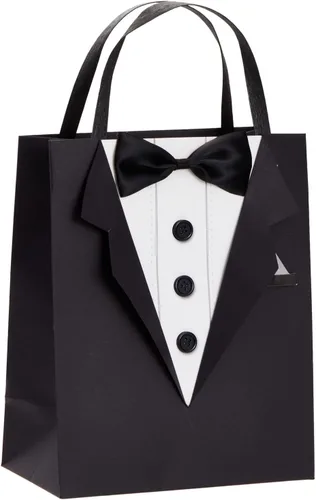 Miniatura 8 de Sparkle and Bash Bolsas de regalo para padrinos de boda con diseño de esmoquin 3D, pajarita de satén y botones reales, color negro, paquete de 6, 8