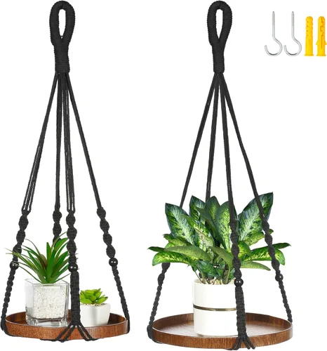 Miniatura 7 de Colgador de macramé de 2 niveles Colgador de plantas para interiores, maceta colgante Estante para macetas colgantes (beige)