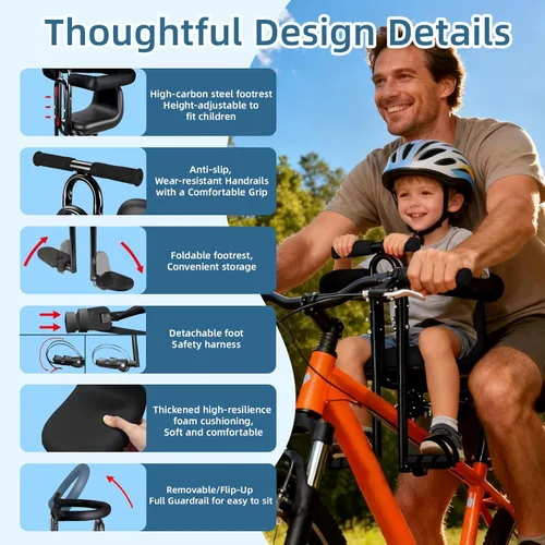 Miniatura 4 de Asiento de bicicleta infantil montado en la parte delantera para adulto MTB, portabicicletas interactivo para niños con barandilla completa, pedales