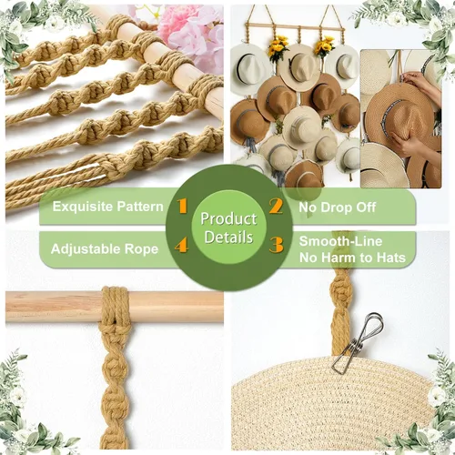 Miniatura 6 de Organizador de Sombreros de Macramé para Pared 15 Clips 31x53 Pulgadas Colgadores Grandes Exhibidor para Sombreros Fedora para Soporte de Sombreros