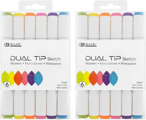 BAZIC PRODUCTS 6 marcadores de boceto de doble punta de color fluorescente, pincel y cincel, a base de alcohol, para colorear artístico, paquete de 2