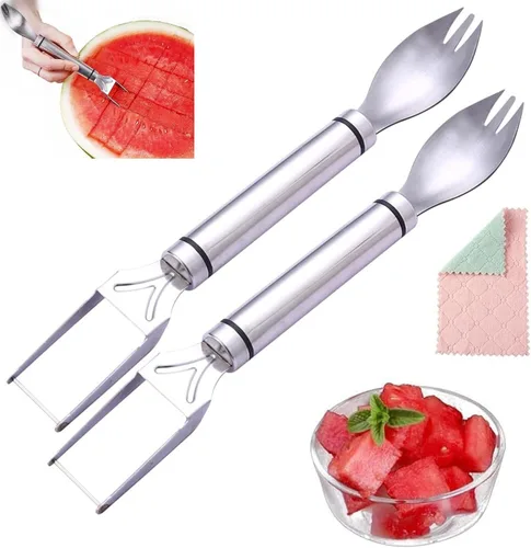 Miniatura 7 de 2023 Nuevo tenedor de sandía 3 en 1 con paño de limpieza, cortador multifuncional para rebanar, cortador de melón de agua, tenedor de sandía