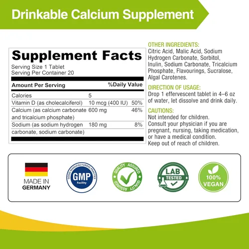 Miniatura 3 de LOVITA Calcio + VIT D3 Tabletas efervescentes 20 unidades, 600 mg de calcio con 400 UI D3, apoya la salud ósea y muscular, sabor a limón, vegano