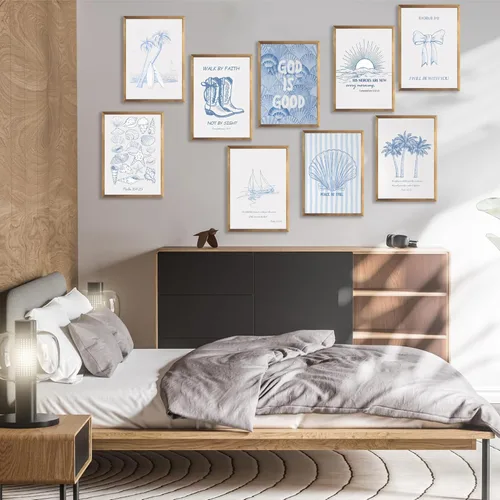 Miniatura 6 de 9 Piezas Arte de Pared Cristiano Costero Azul Pósteres de Conchas Marinas Versículos Bíblicos Inspiradores Océano Playa Estrella de Mar Palmera