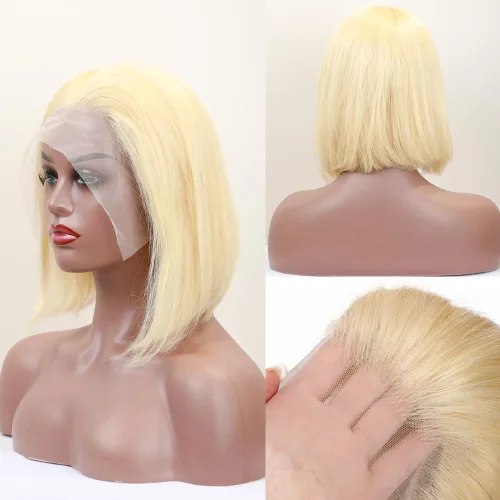Miniatura 5 de Pelucas de cabello humano 613 Bob de 10 pulgadas 13x4 HD transparente con encaje frontal, peluca de cabello humano rubio Bob peluca prearrancada