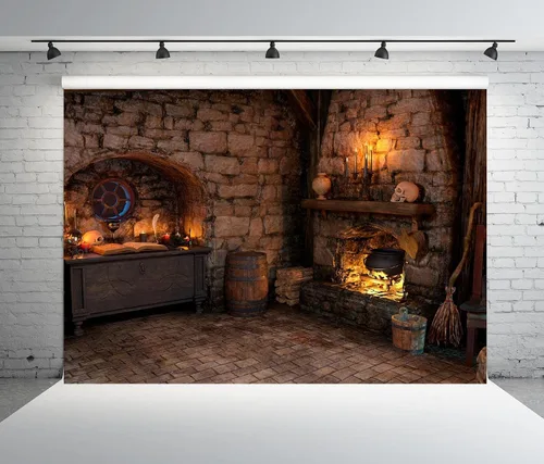 Miniatura 2 de BELECO Telón de fondo de tela espeluznante de 5 x 3 pies para Halloween, sala mágica, cocina, chimenea, poción mágica, libros, velas, calaveras